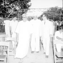 Dr. P. Subbarayan (Union Minister of Transport and Communications)[Right] is escorted by Dr. A. L. Mudaliar [Middle] and Prof. B. Sengupto [Left]