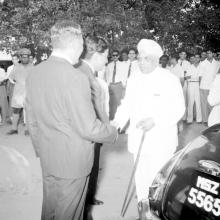 Dr. A. L. Mudaliar (Chairman, Board of Governors) is received by Mr. R. Natarajan (Registrar) and Mr. Y. S. Ramaswamy (Superintending Engineer)