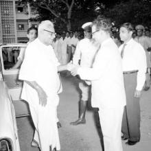 Dr. P. Subbarayan (Union Minister of Transport and Communications), the chief guest at the Third Institute Day celebrations, is received by Prof. B. Sengupto (Director)
