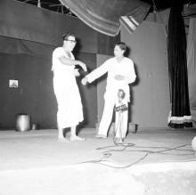 Prof. N. V. C. Swamy (Applied Mechanics) and Prof. Y. R. Nagaraja (Civil Engineering) perform a skit for the audience at the Third Institute Day
