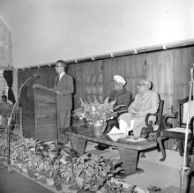 Prof. B. Sengupto addresses the audience at a formal event held on the occasion of  Mr. M. C. Chagla’s (Union Minister for Education) visit to the Institute