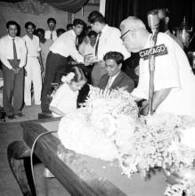 A sentimental moment: Dr. P. Subbarayan gives a prize to a child