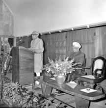 Mr. M. C. Chagla (Union Minister for Education) addresses the audience at a formal event held on the occasion of his visit to the Institute