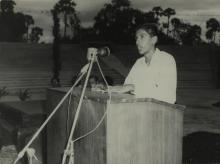 A student addresses the audience during the first Inter-Collegiate Sports Meet, 1964