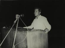 Mr. Lionel Paul addresses the audience at the first Inter-Collegiate Sports Meet, 1964