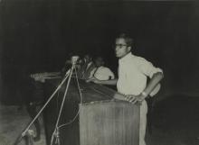 A student addresses the audience during the first Inter-Collegiate Sports Meet, 1964