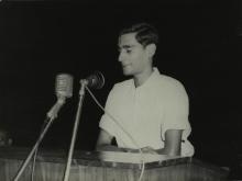 A student addresses the audience during the first Inter-Collegiate Sports Meet, 1964