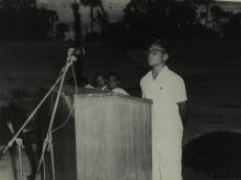 A student addresses the audience during the first Inter-Collegiate Sports Meet, 1964