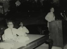 Mr. Gerhard Fischer addresses the audience at the first Inter-Collegiate Sports Meet, 1964
