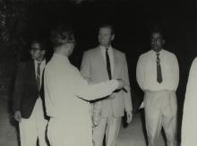 Prof. B. Sengupto in conversation with Mr. Gerhard Fischer during the first Inter-Collegiate Sports Meet, 1964