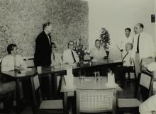 Dr. K. Gerke in conversation with Prof. R. G. Narayanamurthi, Prof. B. Sengupto, Prof. E. G. Ramachandran, Prof. W. Koch and Prof. Stahl and other faculty  members at dinner 