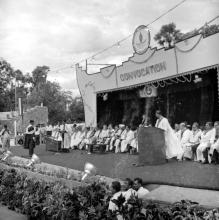 Prof. R. G. Narayanamurthi calling out the students to the stage, and Prof. A. Ramachandran presenting the certificates to the degree holders, 1968