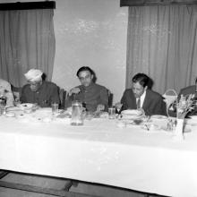 Dr. A. L. Mudaliar, Dr. Vikram A. Sarabhai, and Prof. A. Ramachandran having dinner, 1968