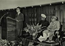 Prof. B. Sengupto addresses the audience at a formal event held on the occasion of  Mr. M. C. Chagla’s visit to the Institute on