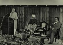Mr. M. C. Chagla addresses the audience at a formal event held on the occasion of his visit to the Institute 