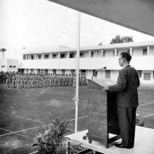 Prof. B. Sengupto addresses the NCC contingents on Independence Day, 1967