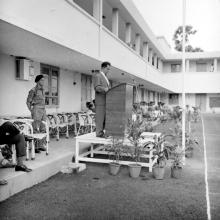 Prof. B. Sengupto addresses the NCC contingents on Independence Day, 1967