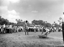 A student taking part in a jump event, 1970