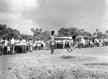 A student taking part in a jump event, 1970