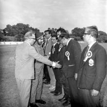 Prof. R. K. Gupta introduces the sports incharges of the IITs to Major General Prakash Singh Grewal, 1970