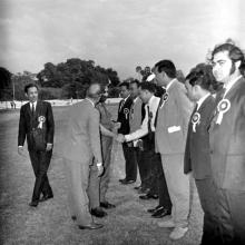 Prof. R. K. Gupta introduces the sports incharges of the IITs to Major General Prakash Singh Grewal, 1970