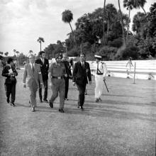 Major General Prakash Singh Grewal is escorted into the stadium by the Director and others, 1970