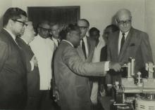 Prof. B. V. Ramanamurthy showing the X-Ray machine to His Excellency Baron Dietrich von Mirbach, 1967 
