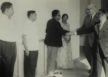 Prof. R. K. Gupta introduces His Excellency Baron von Mirbach to some of the professors from the Humanities Department, 1967