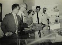 Prof. B. Sengupto showing a 3D model of IIT Madras to Dr. Linus Pauling and Mrs. Ava Helen Pauling, 1967