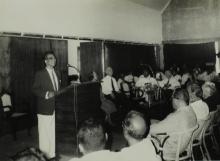 The Director addresses the audience during the visit of Dr. Linus Pauling and Mrs. Ava Helen Pauling, 1967