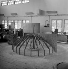 A wooden frame that was fabricated to make a mould for an FRP microwave antenna of diameter 1.2 meters (probably) made at the FRP Centre