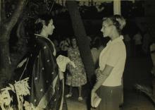 Mrs. Parvatham Natarajan converses with Mrs. Rouve at the farewell ceremony organised for Mr. R. Natarajan 