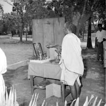 A priest performs ceremonial rites before the Chemistry Block foundation stone is laid