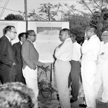 Mr. H. V. R. Iengar converses with administrators at the Chemistry Block inauguration 