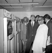 Mr. C. Subramaniam taking a look at the 3420/5 Magnetic Tape Subsystem, 1973
