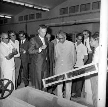 Dr. K. L. Rao and others listen intently to Prof. Gerhard Rouve during the inauguration of the Hydraulics Laboratory, 1970