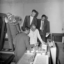 The chief guest examines the machinery at the Hydraulics Laboratory, 1970