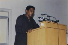 A student secretary addresses the audience, Saarang 2005