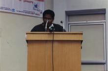 A student secretary addresses the audience, Saarang 2005