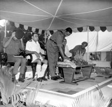 Major General Virendra Singh on stage during the inauguration of the NCC building, 1965