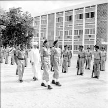 Dr. S. Radhakrishnan inspects the Guard of Honour along with 2/Lt. G. V. N. Rayudu in front of Humanities and Sciences Block
