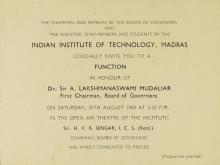 Invitation (front) to the farewell function for Dr. A. Lakshmanaswami Mudaliar