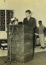 A student representative addresses the audience at Dr. A. L. Mudaliar’s farewell function