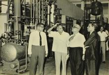 Dr. S. Bhagavantam is shown the lab facilities by Prof. S. Sampath and Prof. A. Ramachandran 