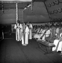 The chief guest for the eleventh convocation, Mrs. Indira Gandhi on the dais during the prize distribution part of the ceremony