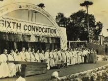 The dignitaries stand for the invocation before the commencement of the convocation ceremony 