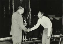Dr. Karl Pfauter giving away a prize at the Ninth Institute Day celebrations at the Open Air Theatre, 1968