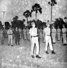 Prof. B. Sengupto inspects a guard of honour at his farewell function, 1967