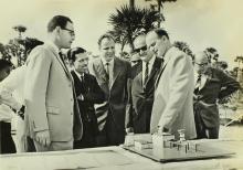 Dr. G. Kerckhoff, Prof. A. Ramachandran and the German Delegation discuss a 3-D model of the MEMH Laboratory