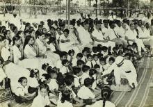 Vanavani School children are served juice on the occasion of the Vanavani School inauguration, 1963